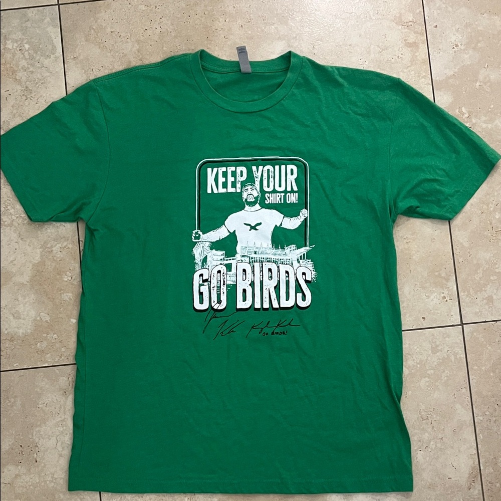 Jason Kelce Philadelphia Eagles Green Graphic Tee with Bold White Print